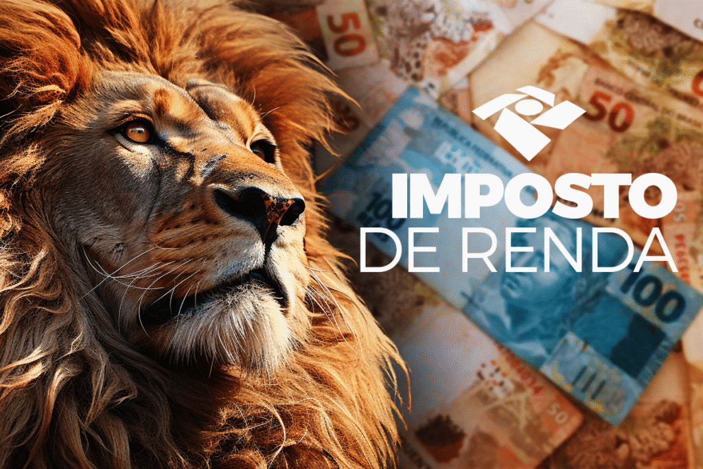 Imagem de um leão olhando para frente com notas de reais ao fundo e logo da Receita Federal com texto 'Imposto de Renda'.