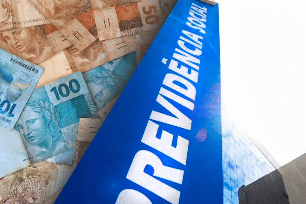 Dinheiro em notas de 100 e 50 reais com placa do INSS destacando a informação sobre o reembolso para aposentados e pensionistas.