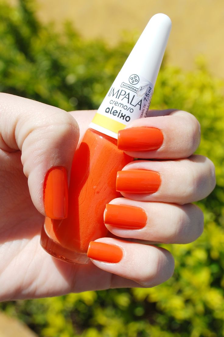 Unhas esmaltadas com cor tangerina segurando frasco de esmalte Impala Aleixo