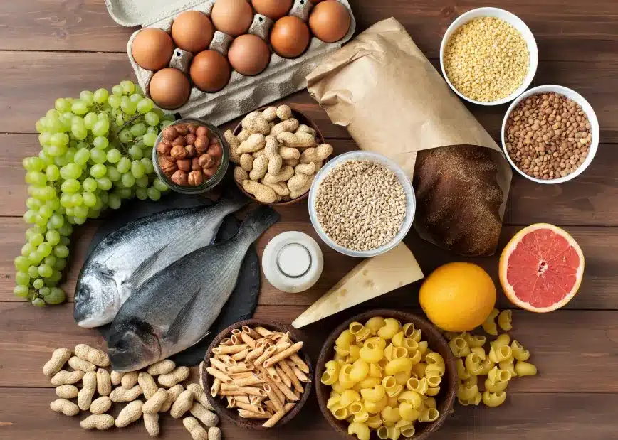 Alimentos ricos em cálcio, vitamina D, proteínas e fibras essenciais para a saúde dos idosos.