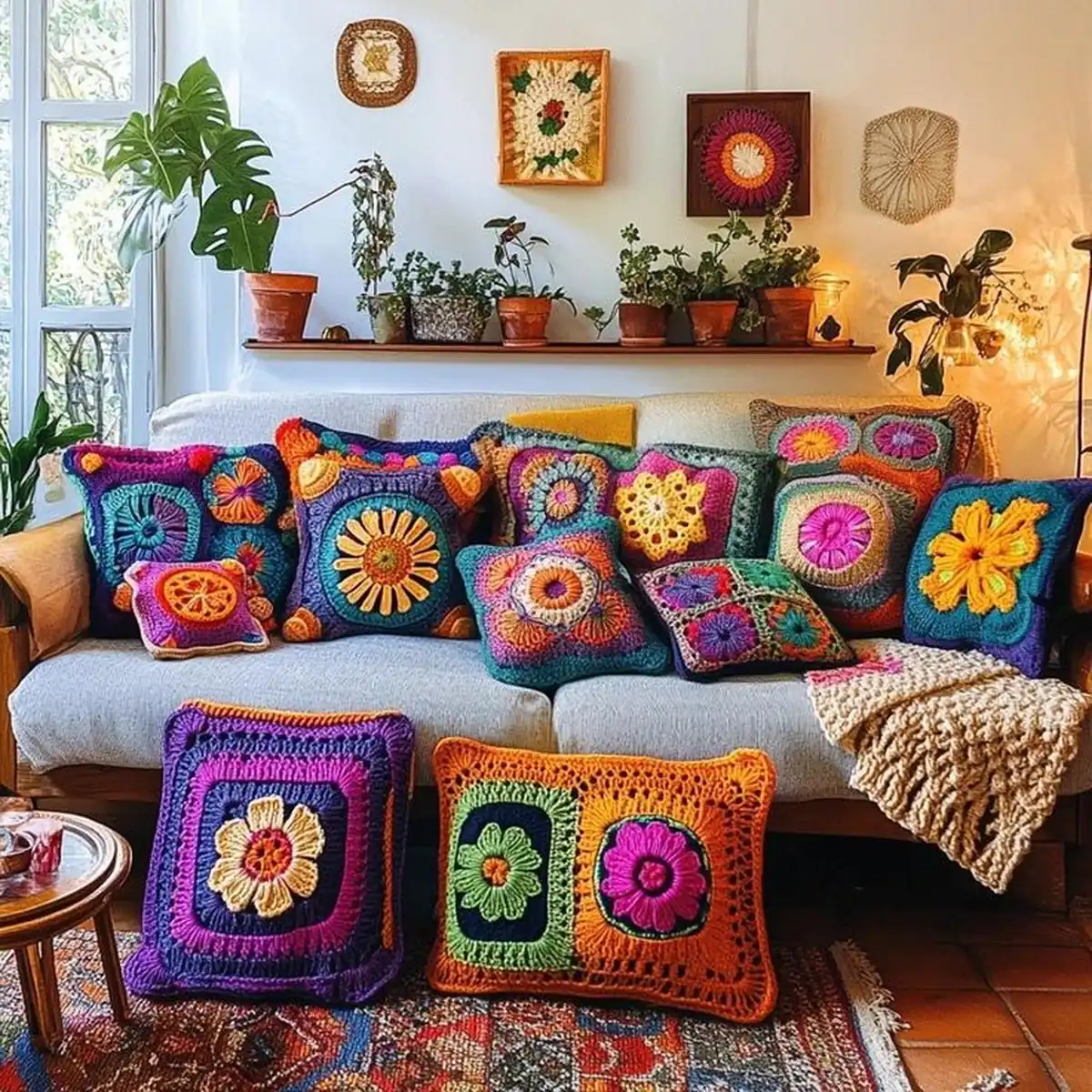 Almofadas de crochê coloridas e detalhadas sobre sofá cinza em sala iluminada, com plantas ao fundo.