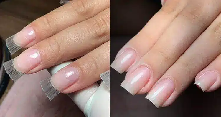 Unhas naturais com extensão de fibra de vidro mostrando antes e depois da aplicação.