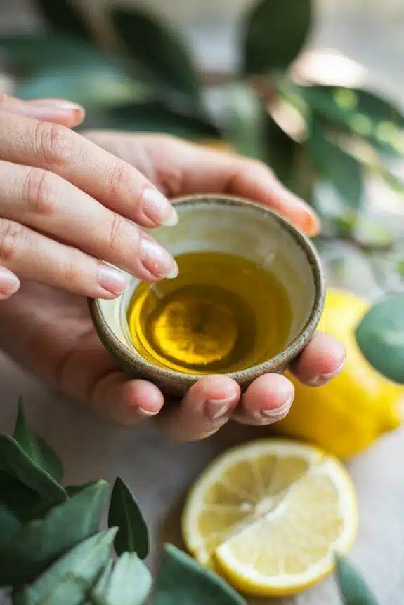 Mãos segurando uma tigela com azeite e limão para cuidados com as unhas