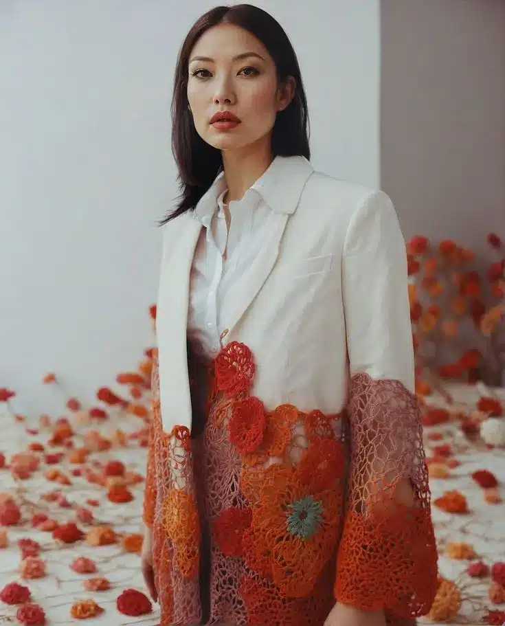 Blazer branco de alfaiataria com aplicação artesanal de crochê colorido em tons de outono.