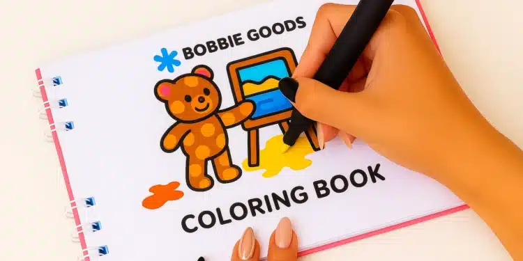 Mão colorindo desenho de urso do livro Bobbie Goods, com destaque para tinta amarela e o título do livro.