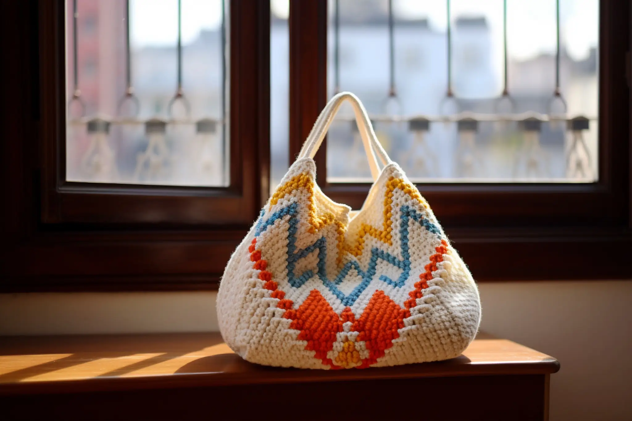Bolsa artesanal de crochê em tons vibrantes sobre uma mesa de madeira junto à janela.