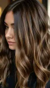 Mulher com cabelo castanho iluminado com mechas mel, ondulado e volumoso.