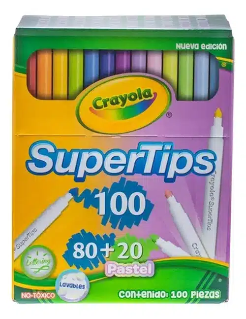 Caixa de canetas Crayola SuperTips com 100 unidades em cores pastel, embalagem em amarelo, verde e roxo.