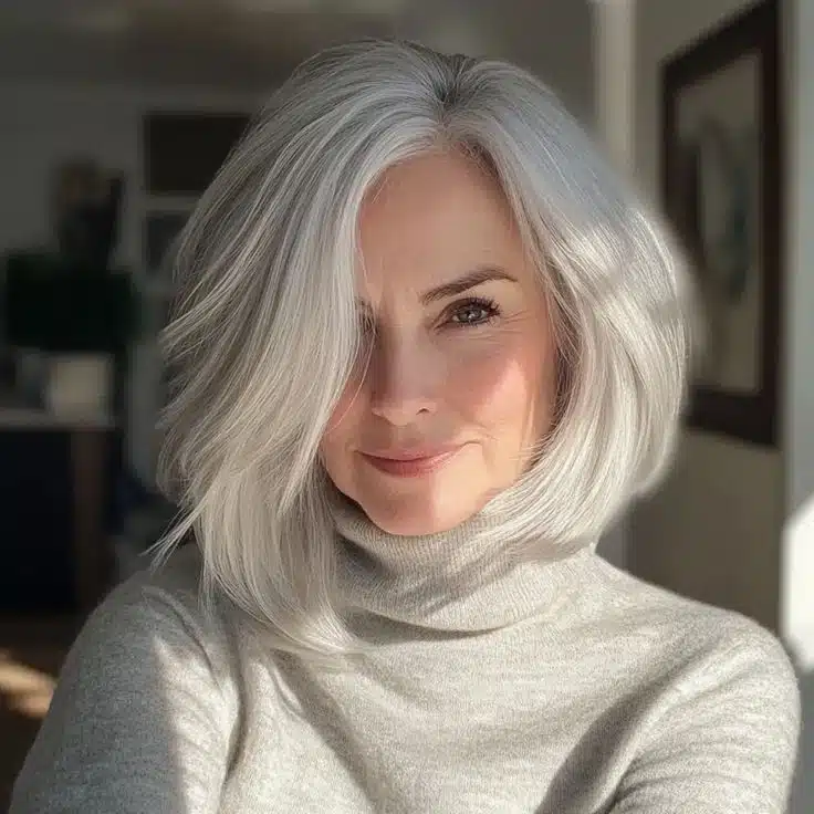 Corte bob longo em mulher madura com cabelos grisalhos volumosos e elegantes