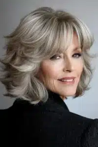 Mulher madura com corte de cabelo em camadas, mostrando fios grisalhos e volumosos.
