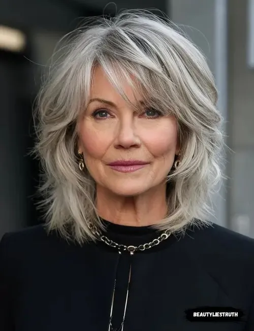 Mulher madura com cabelo médio em corte desgrenhado estilo shaggy, mostrando camadas e volume natural.