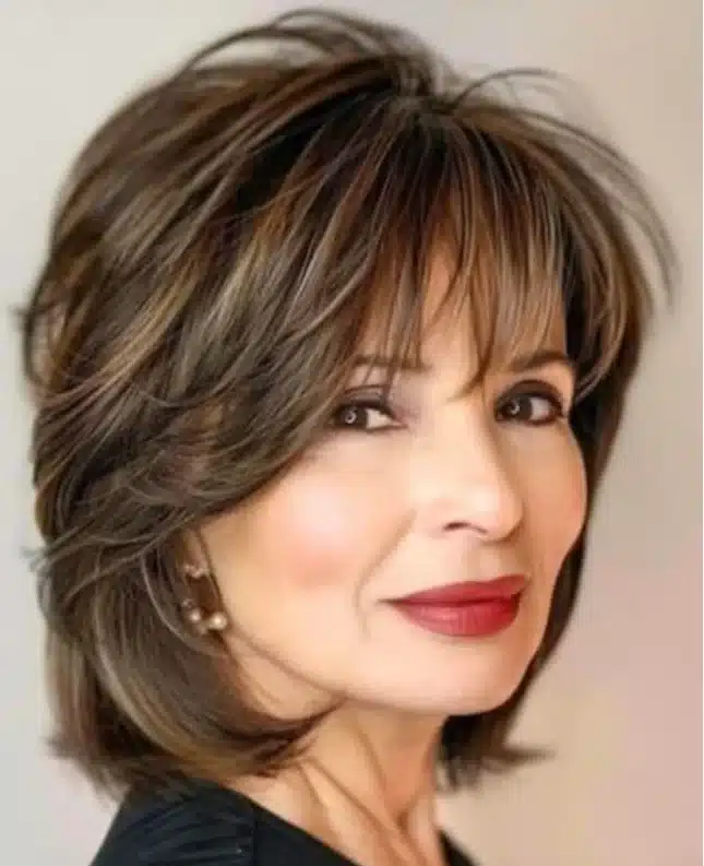 Cabelos médios com franja cortina e volume, estilo elegante para mulheres acima de 50 anos.