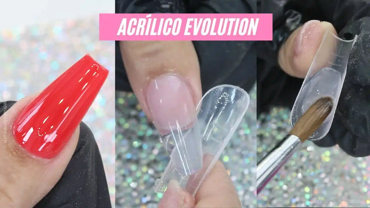 Processo de aplicação de unhas acrílicas mostrando passo a passo desde a preparação até a finalização com esmalte vermelho.