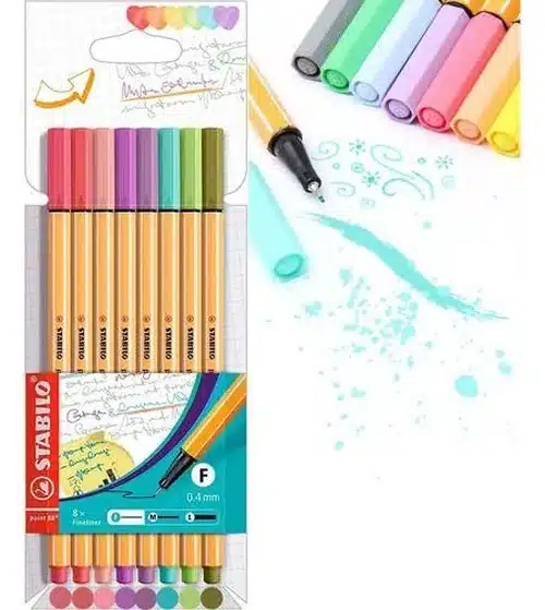  Canetas Stabilo Point 88 com ponta fina e cores vibrantes, ideais para desenhos e escrita detalhada.
