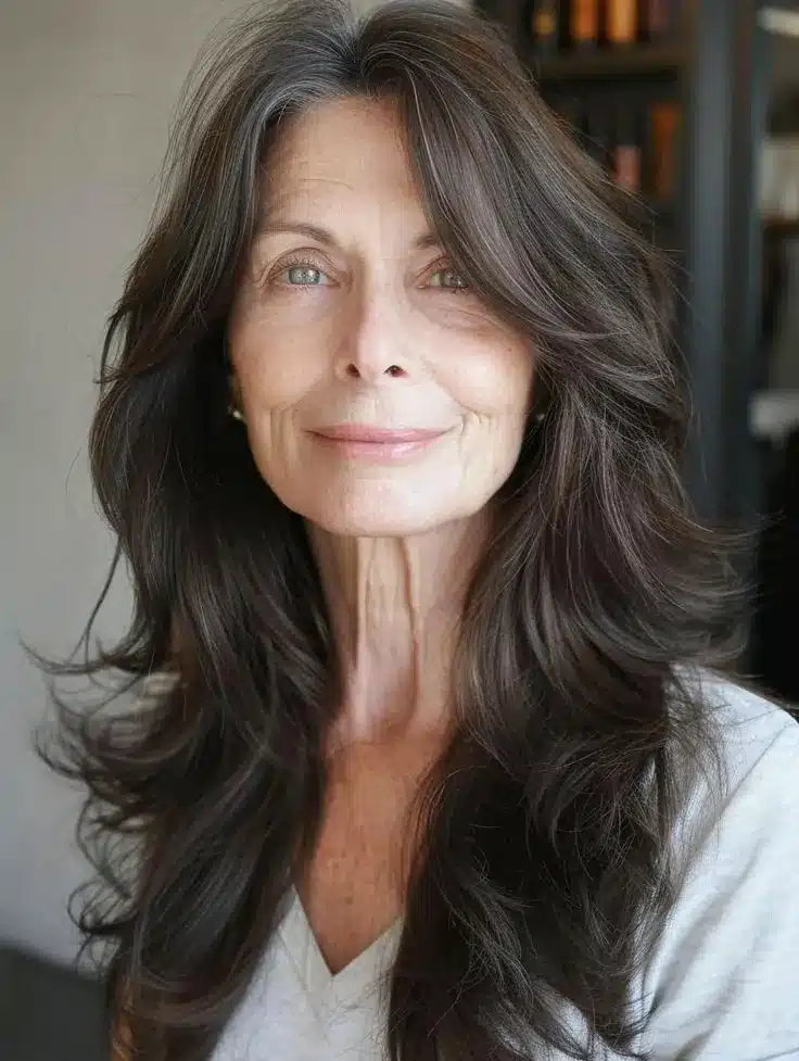 Mulher 50+ com cabelo longo em camadas, leve, solto e cheio de movimento