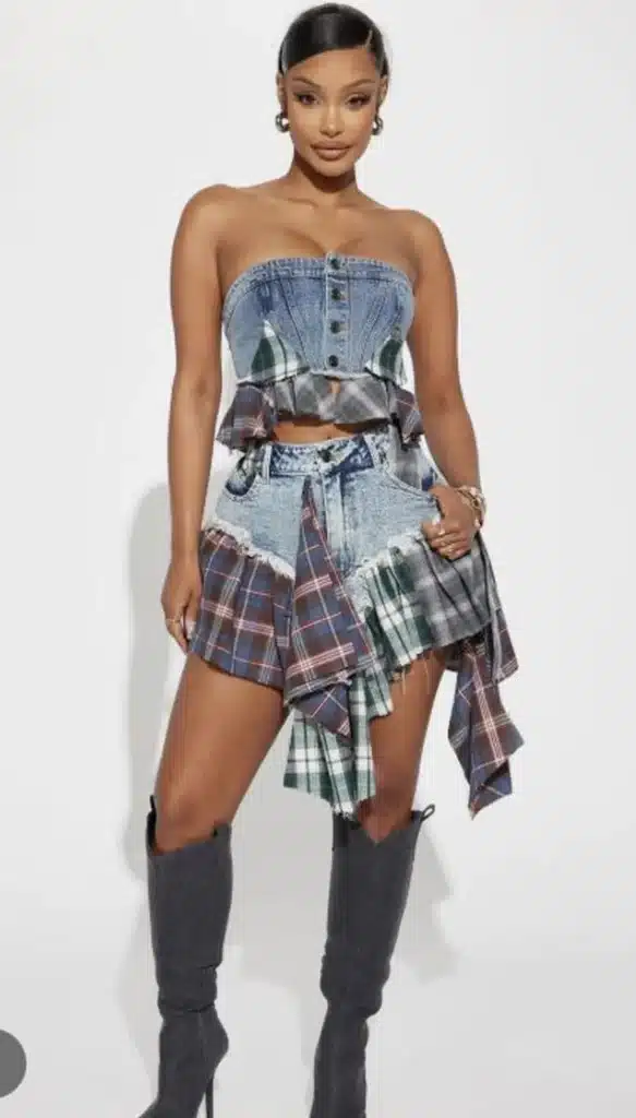 Look junino moderno com top jeans e saia customizada com tecidos xadrez reaproveitados.