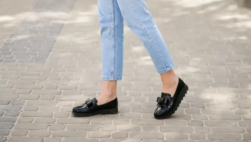 Mulher elegante usando mocassins pretos com laço, calça jeans clara e jaqueta de couro, caminhando ao ar livre em dia ensolarado.