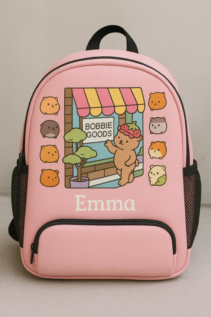 Mochila infantil personalizada com estampa da Bobbie Goods em tom rosa