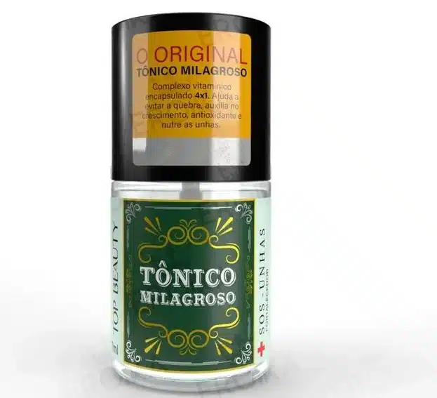 Frasco do Tônico Milagroso Top Beauty, com embalagem verde e tampa preta, destacando o produto para fortalecimento e crescimento das unhas.