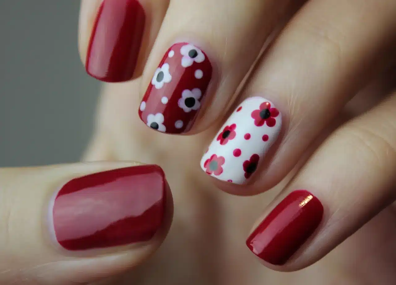 Unhas curtas com esmalte vermelho e decoração floral em branco e vermelho, mostrando estilo e delicadeza.
