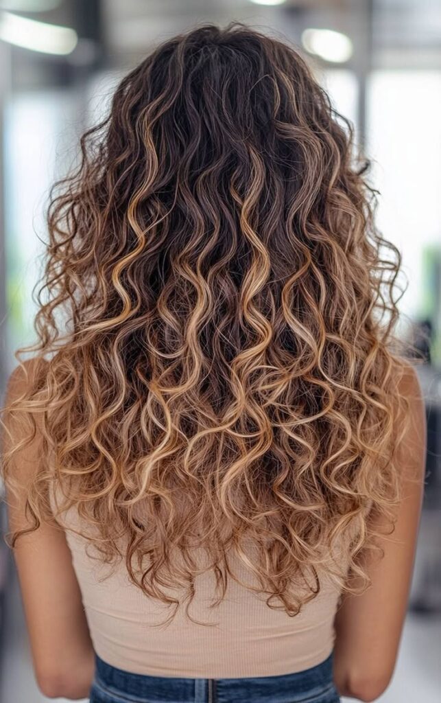 Mulher com cabelo ondulado e ombré hair, com transição suave para tons dourados, criando um visual natural e moderno.