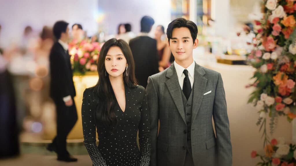 Cena do dorama Rainha das Lágrimas com casal protagonista em evento elegante