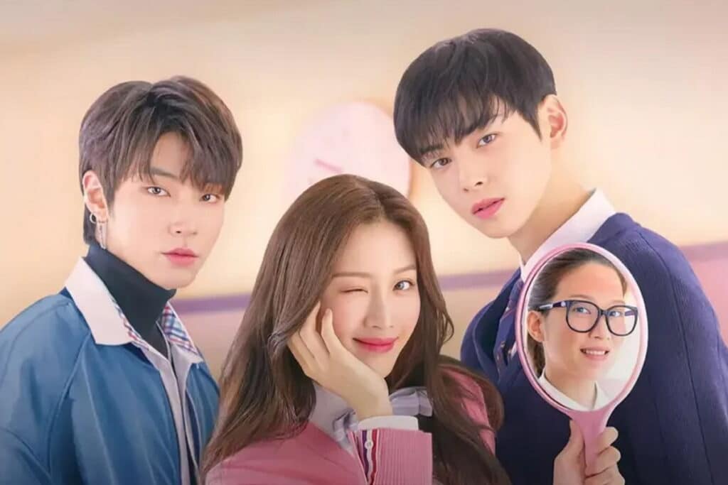 Protagonistas do dorama Beleza Verdadeira, com destaque para a personagem principal segurando um espelho