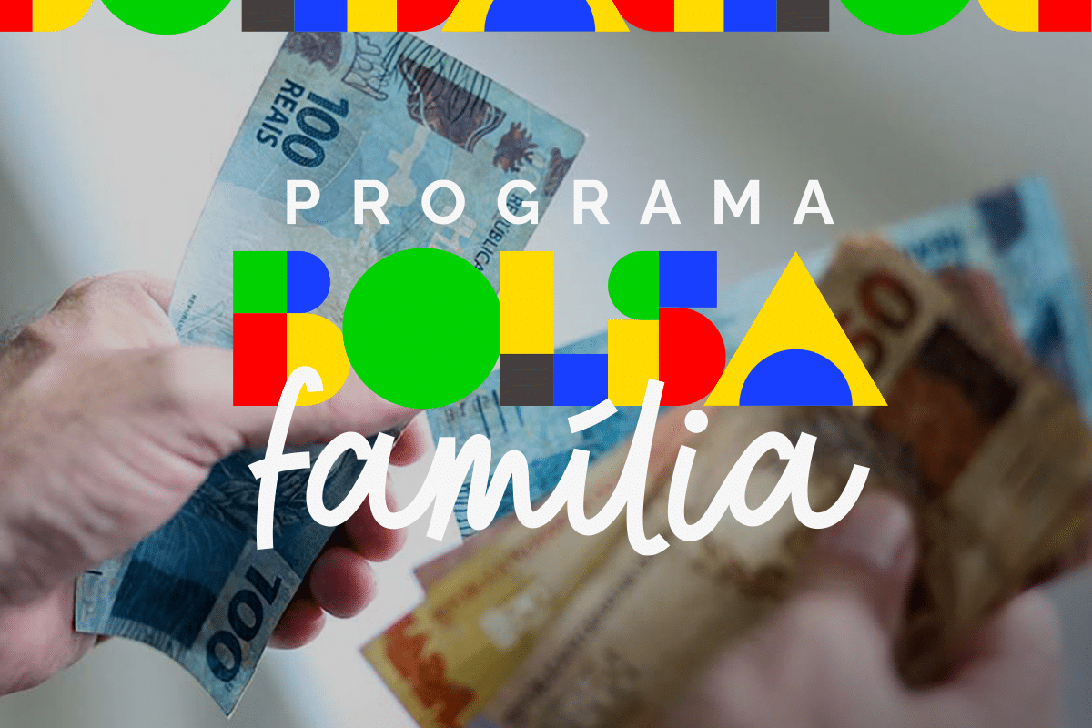 Imagem do programa Bolsa Família com cédulas de dinheiro ao fundo e logo colorida