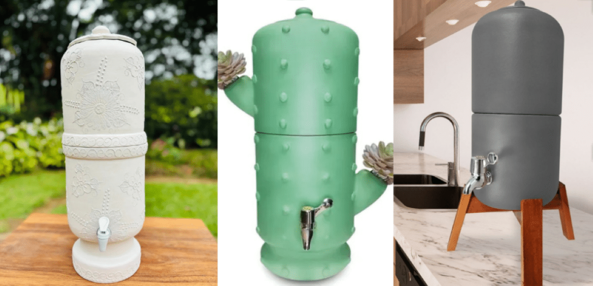 Filtros de barro personalizados, estilos cacto, cinza e floral, versão 2025, para decoração moderna e funcional.