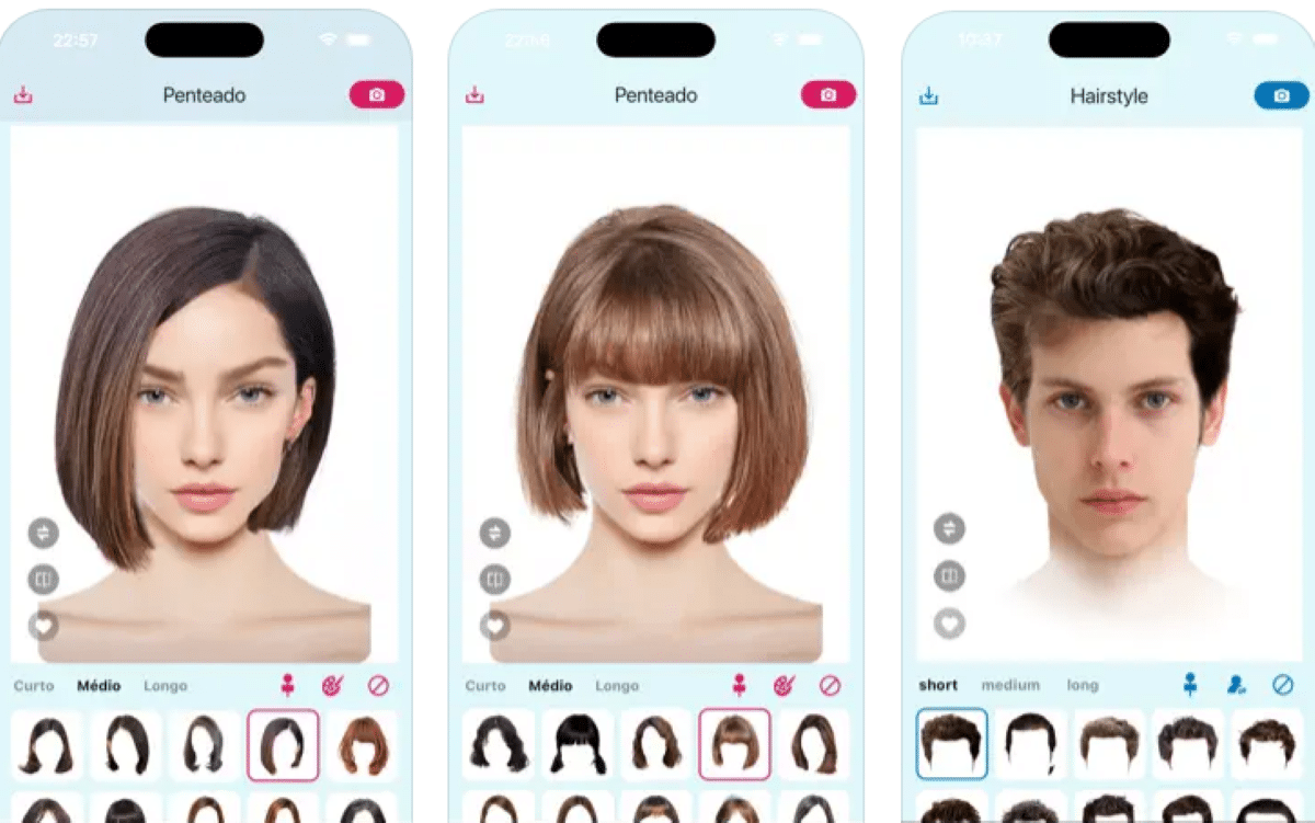 Simulação de cortes de cabelo femininos e masculinos em aplicativo de estilo virtual