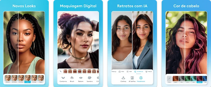 Interface de aplicativos que simulam corte de cabelo, maquiagem e coloração com inteligência artificial