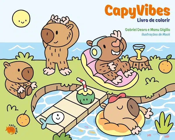 Ilustração do livro CapyVibes com capivaras em momentos relaxantes ao ar livre.