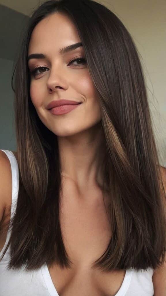Mulher com cabelo liso e corte reto, ideal para afinar o rosto