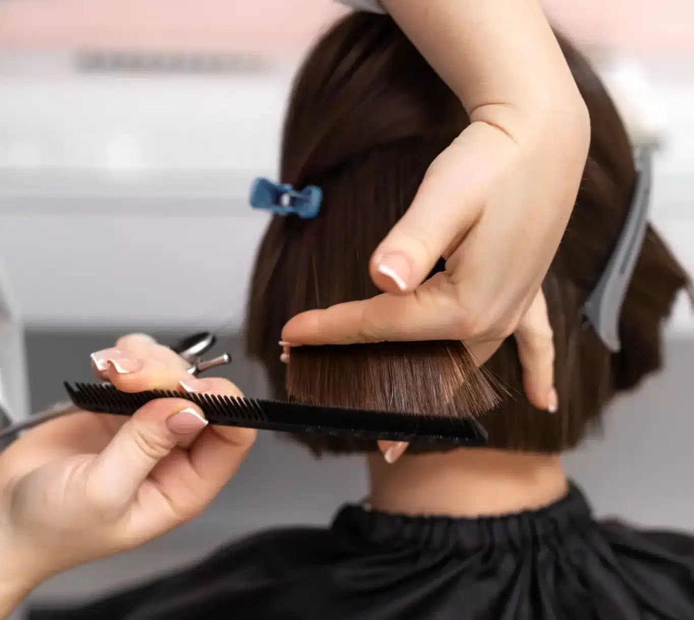 Profissional cortando cabelo de uma cliente, com foco no corte de um pixie com franja lateral em salão de beleza.