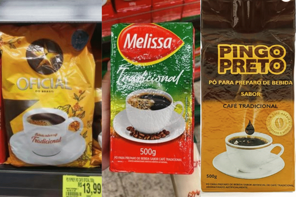 Pacotes de café das marcas Melissa, Pingo Preto e Oficial expostos em prateleiras de supermercado