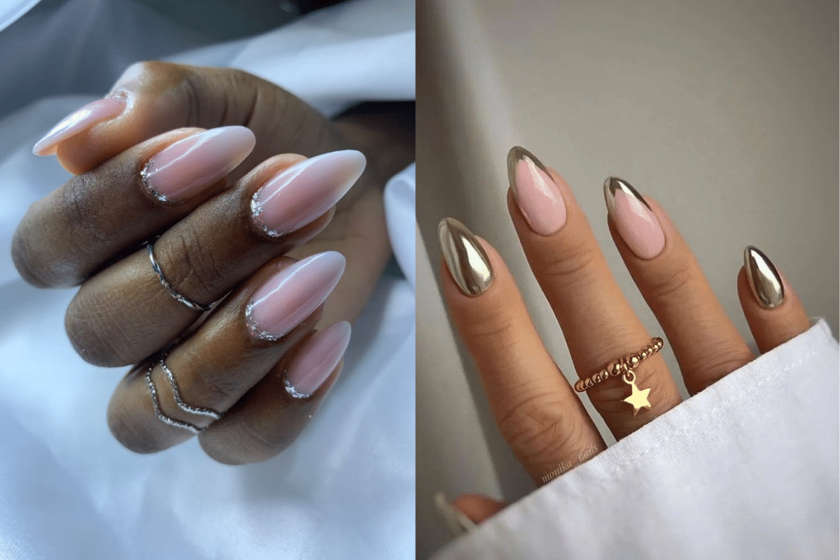 Unhas curvas decoradas em tons suaves e metálicos tendência 2025