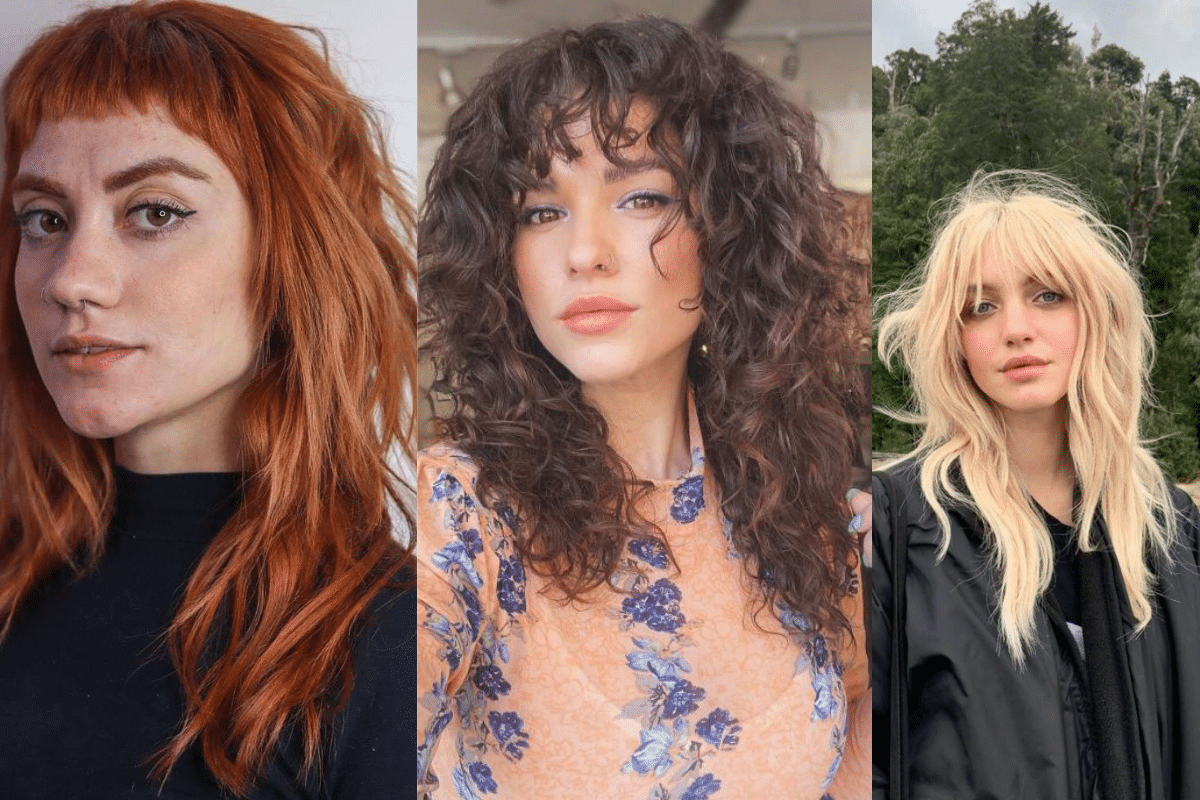 Três mulheres com variações do corte shaggy com franja em diferentes tipos de cabelo