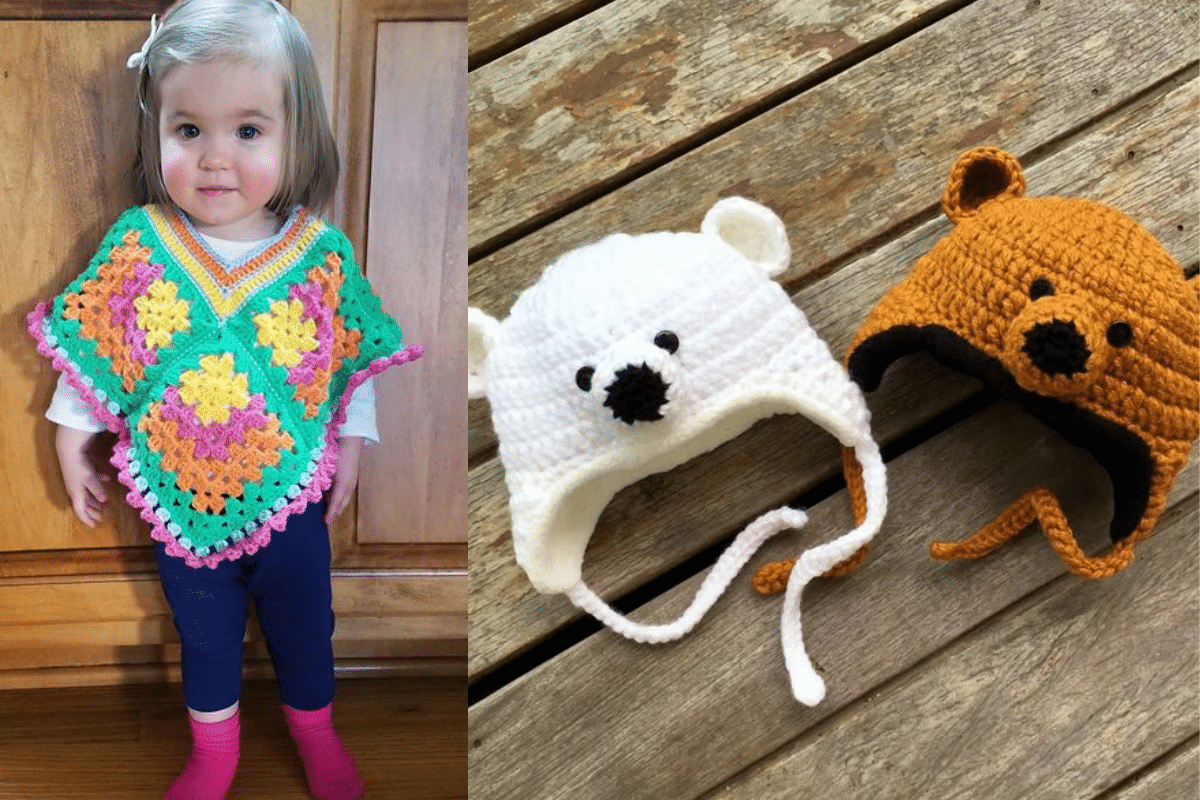 Body azul de crochê com botões e gorros infantis em formato de ursinhos