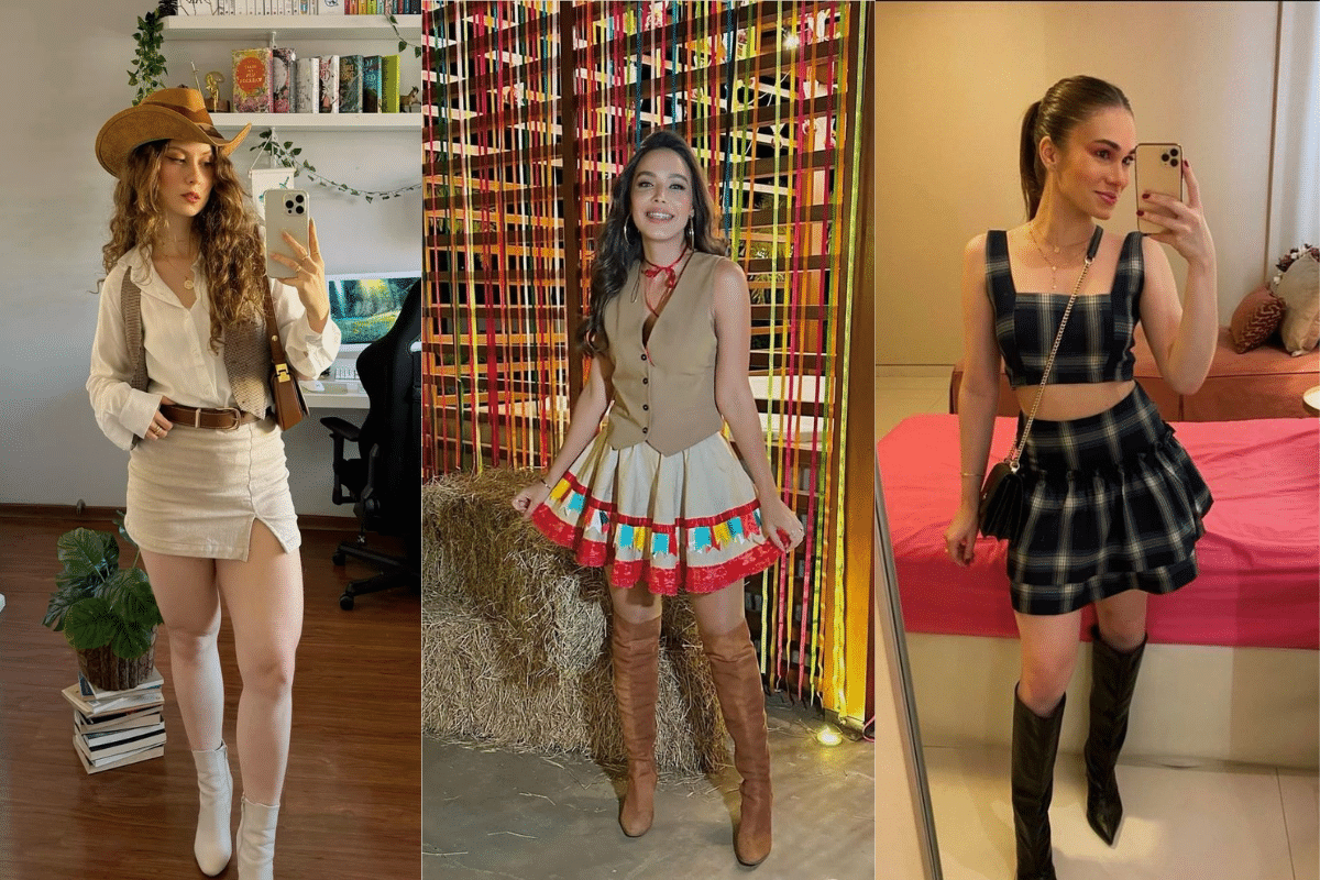 Inspirações de looks femininos para festa junina 2025 com diferentes estilos de xadrez, saias e botas