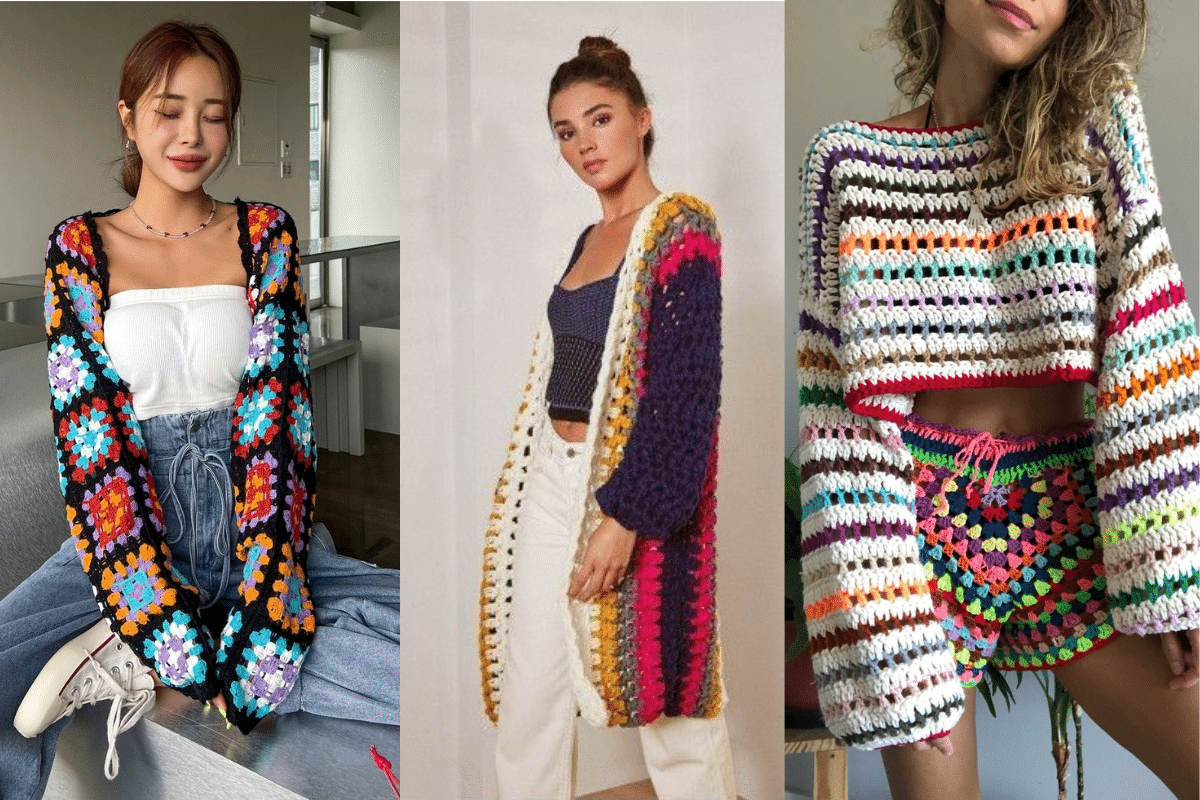 Três modelos usando peças de crochê coloridas, incluindo cardigan, blusa cropped e conjunto de shorts com blusa