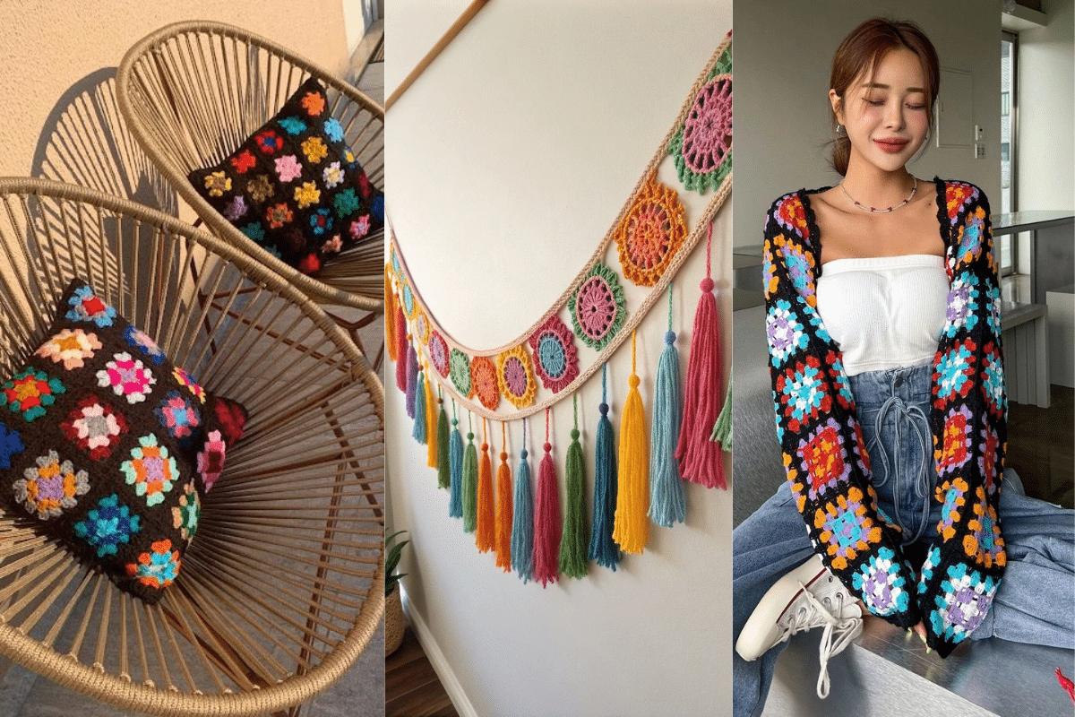 Três ideias de peças de crochê coloridas: almofadas, painel decorativo com franjas e cardigan de squares