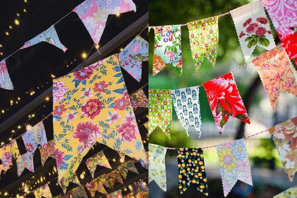 Bandeirinhas coloridas de tecido decorando ambiente interno e externo em festa junina.