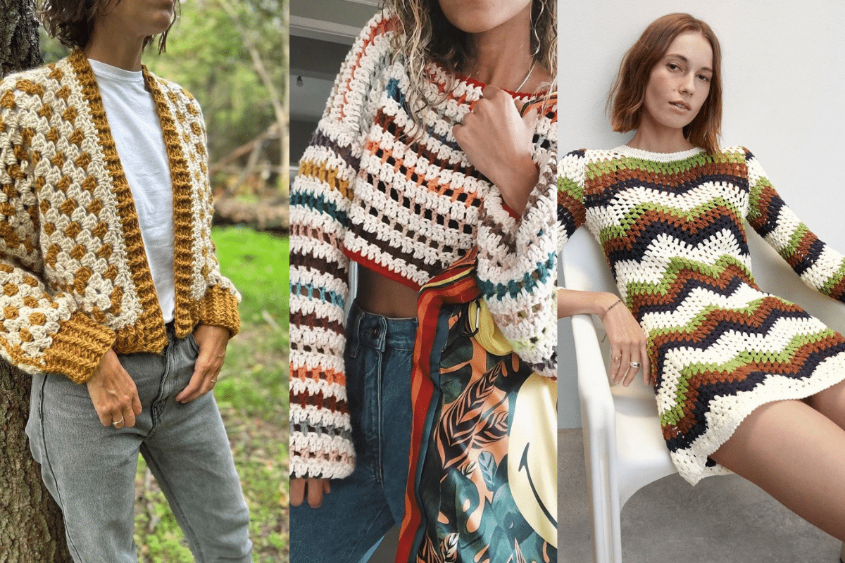 Três looks femininos com peças de crochê: casaco, blusa cropped e vestido, ideais para o outono/inverno 2025