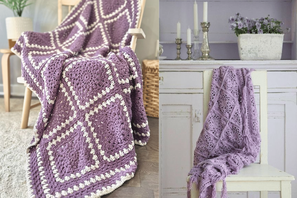Duas mantas de crochê lavanda com padrões geométricos e detalhes delicados