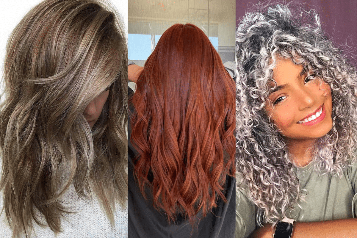 Trio de mulheres com diferentes tons de cabelo: loiro mel, ruivo vibrante e cabelo cacheado grisalho, representando a diversidade de cores de cabelo em alta.
