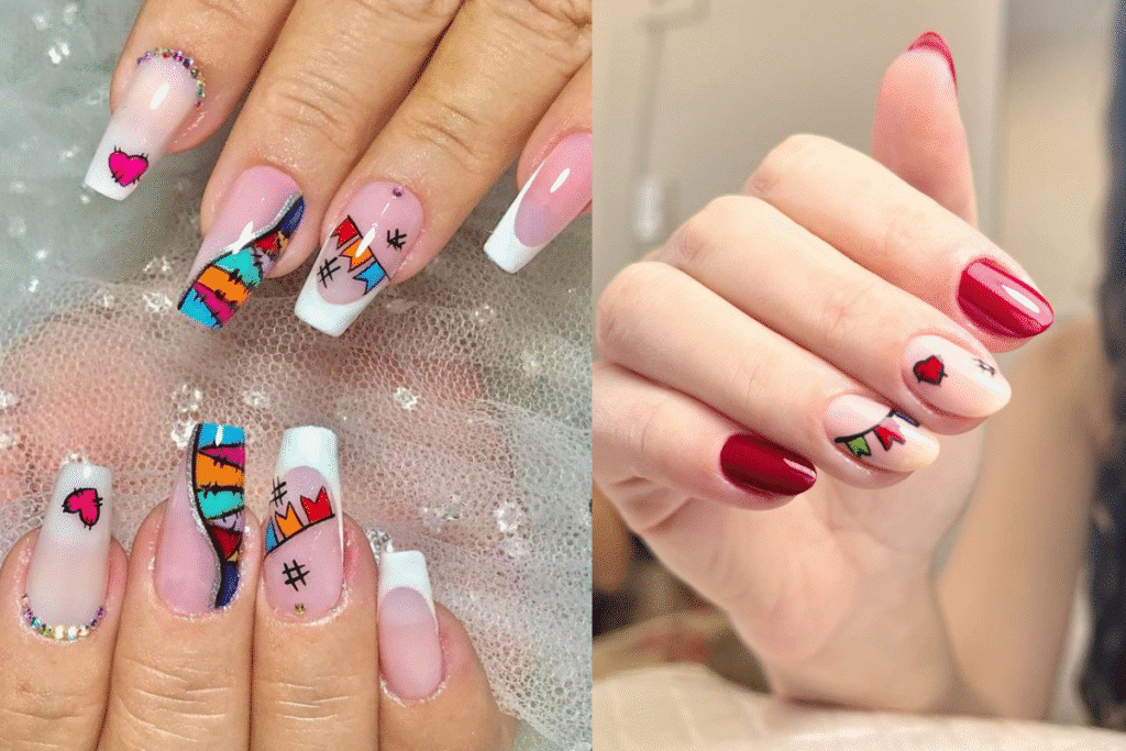 Unhas decoradas com tema junino, corações, bandeirinhas e cores vibrantes