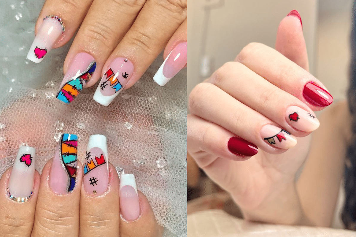 Unhas decoradas com tema junino, corações, bandeirinhas e cores vibrantes
