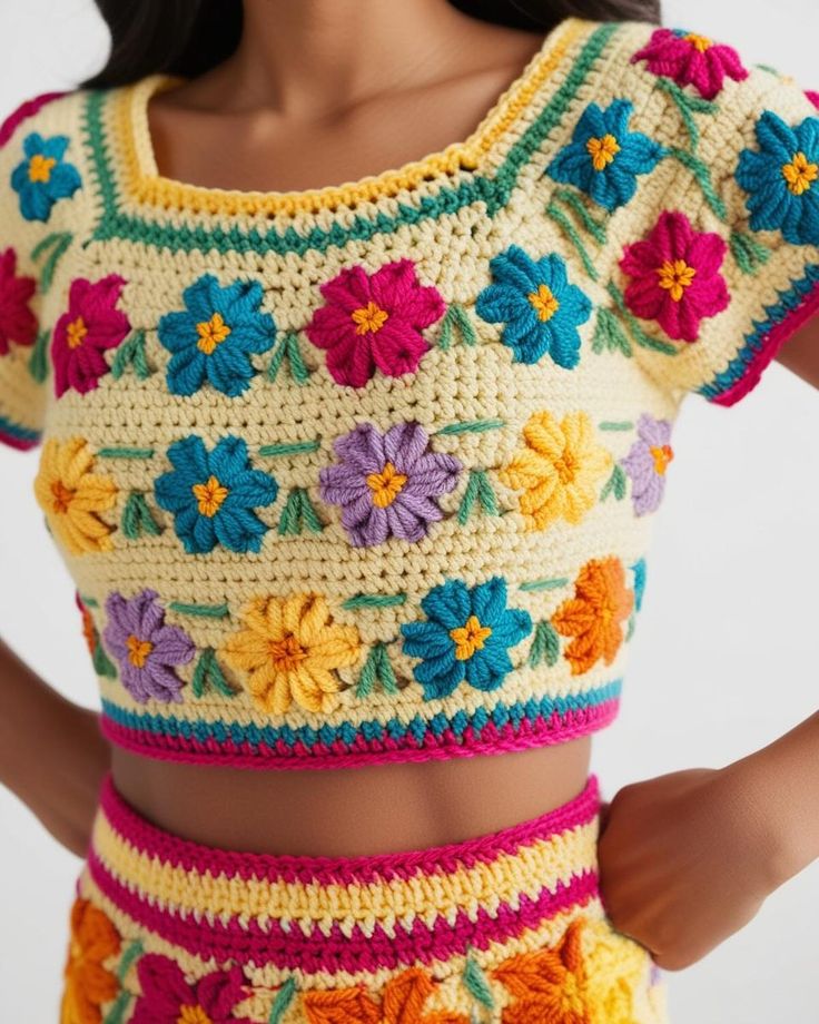 Conjunto de crochê com flores coloridas, feito à mão, ideal para o verão.