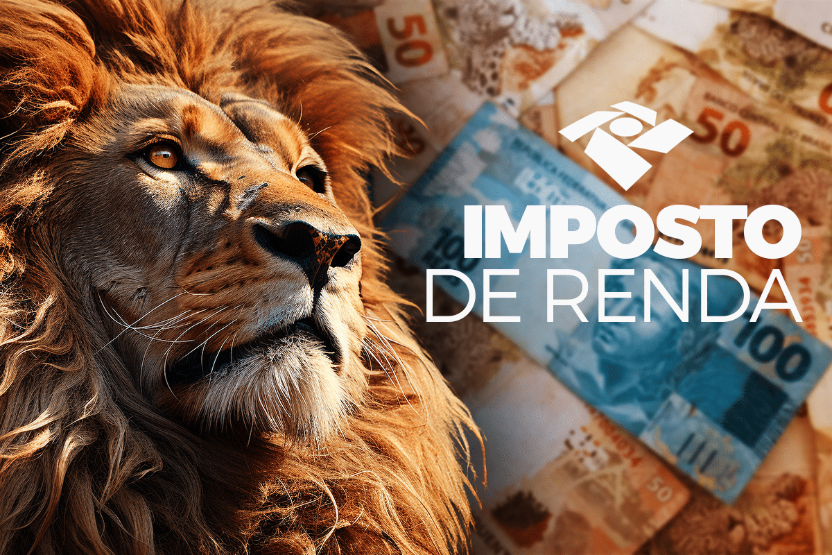 Leão do Imposto de Renda com cédulas ao fundo simbolizando restituição de 2025