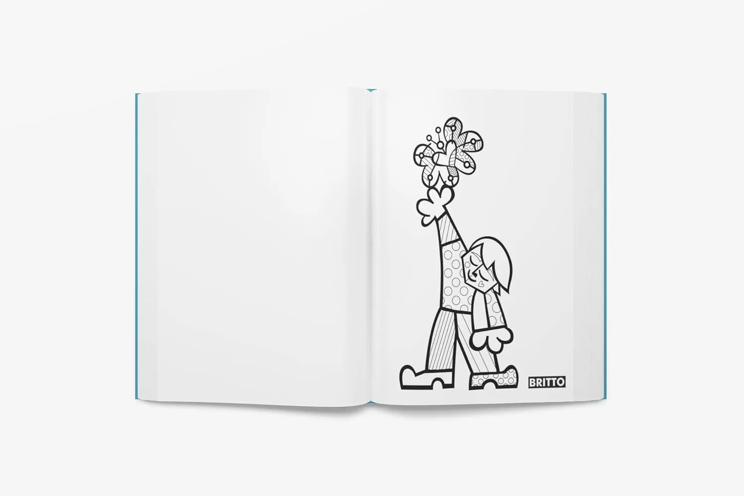 Desenho do livro Colorindo com Romero Britto, apresentando uma figura estilizada com formas geométricas e cores vibrantes.